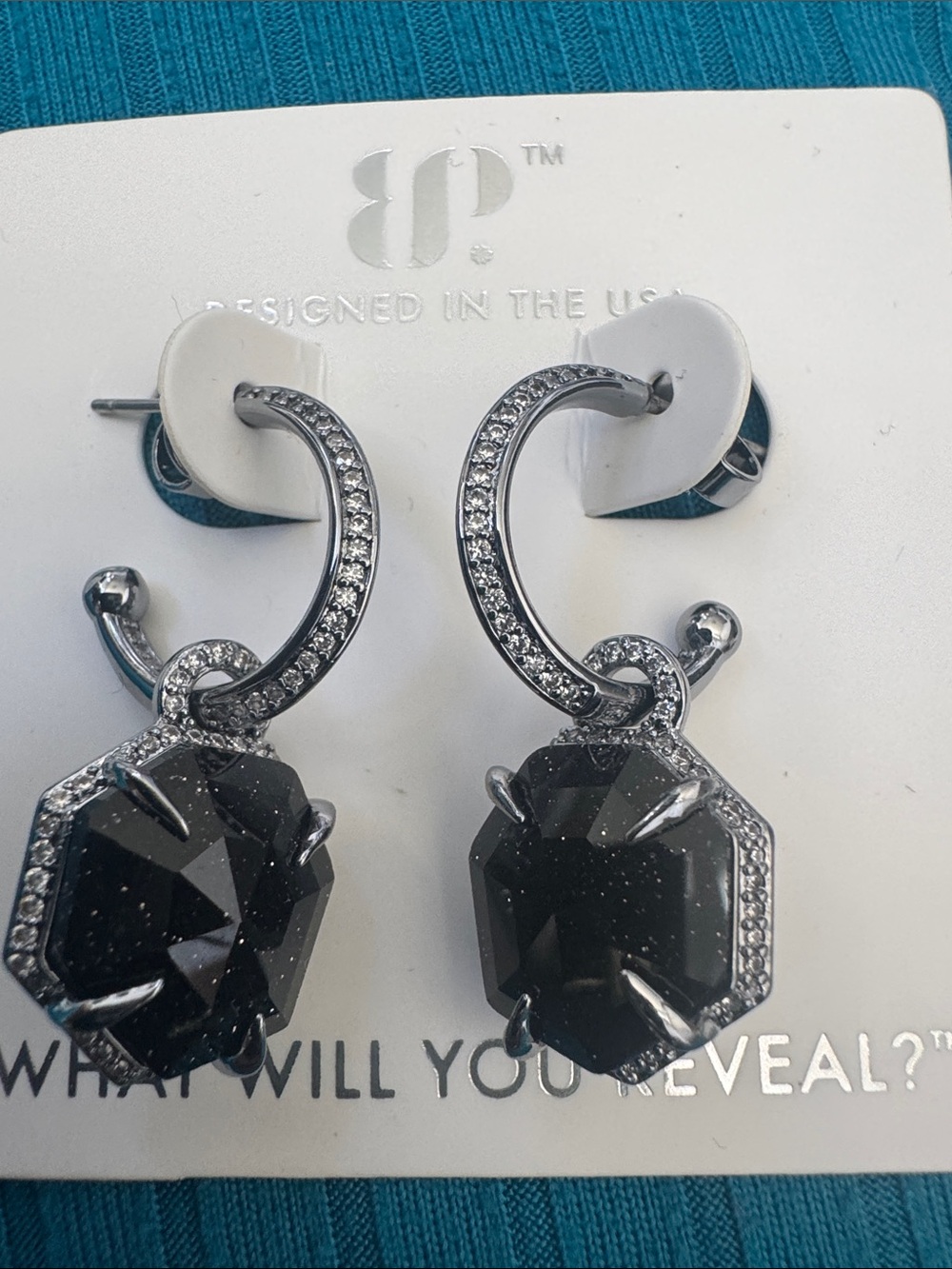 bp Black Crystal Drop Earrings with Silver Pavé Hoops